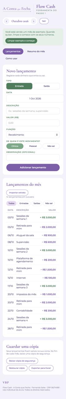 Tela da Flow Cash com lançamentos de exemplo